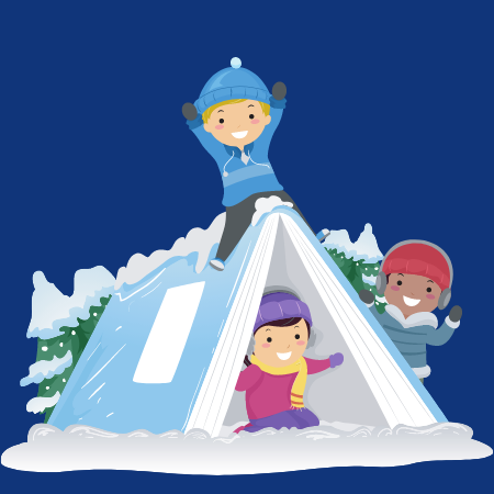 clip art Children play in the snow using a giant book as a tent