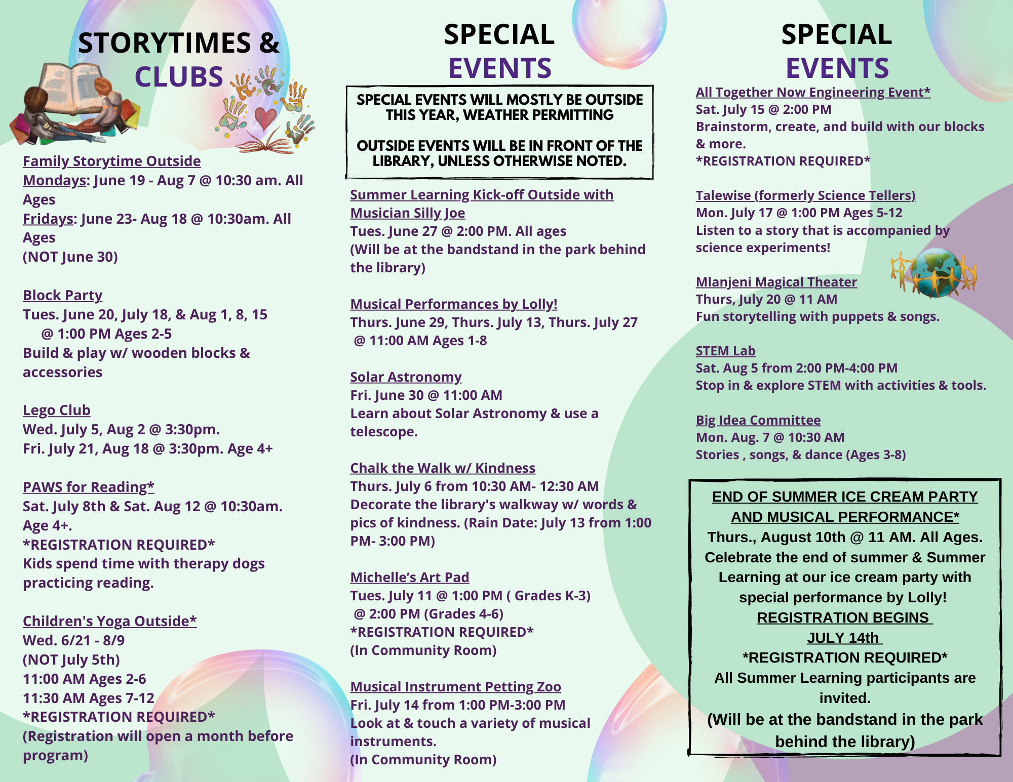 trifold brochure with all of the summer programs for kids & teens