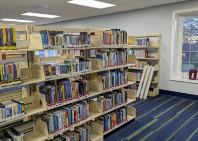 books on shelves in the new children's area