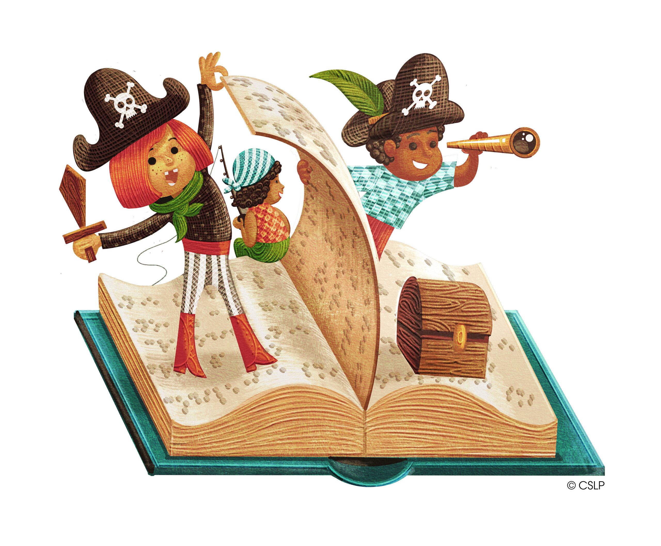 CSLP_2024_EarlyLiteracy_Pirates Two children dressed as pirates sail the high seas on an open book