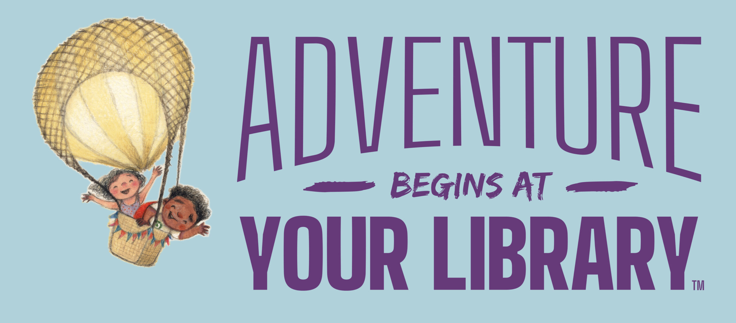 FB_2024_Children_ENG Adventure Begins At Your Library. Clip art images of kids in a hot air balloon